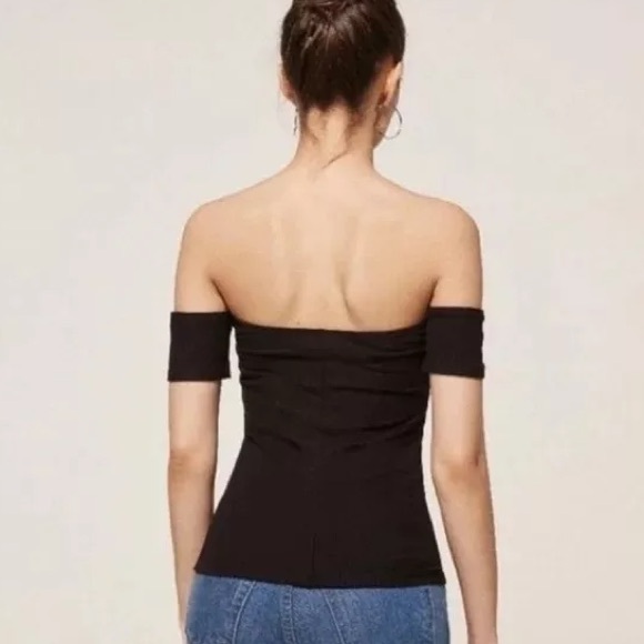 Off The Shoulder Ribbed Tube Crop Top with sleeves in Black White & Blue - Picture 6 of 7